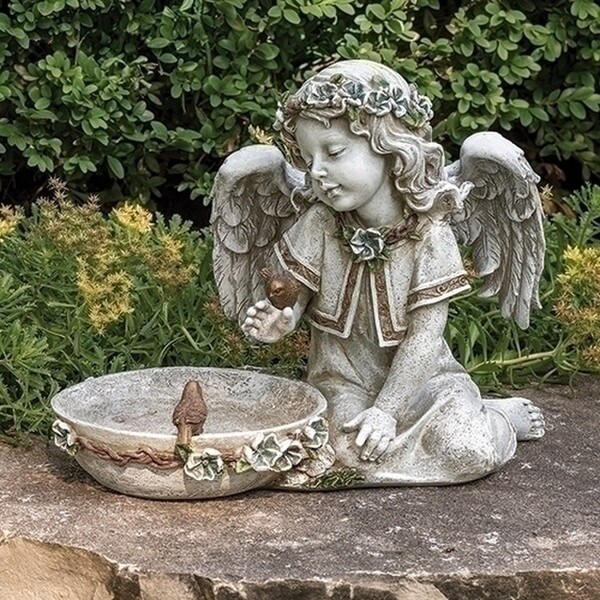 Angel Seated with Solar Light Bird Bath Sculpture Feeder Statue Sculpture